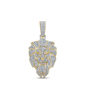 Men's Diamond Charm Pendant | 10kt Yellow Gold Mens Round Diamond Lion Face Charm Pendant 1-3/8 Cttw | Splendid Jewellery GND