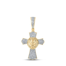 Load image into Gallery viewer, Majestic 10kt Yellow Gold Lion Face Cross Diamond Charm Pendant - 1/2 Cttw product  Top View from Splendid Jewellery