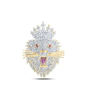 Men's Diamond Charm Pendant | 10kt Yellow Gold Mens Round Diamond Lion Face Crown Charm Pendant 1 Cttw | Splendid Jewellery GND