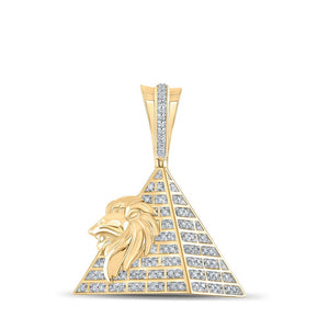 Men's Diamond Charm Pendant | 10kt Yellow Gold Mens Round Diamond Lion Pyramid Charm Pendant 1/4 Cttw | Splendid Jewellery GND