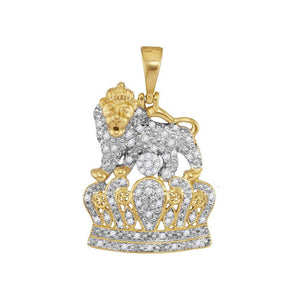 Men's Diamond Charm Pendant | 10kt Yellow Gold Mens Round Diamond Lion Tiger Crown Charm Pendant 1/3 Cttw | Splendid Jewellery GND