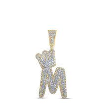 Load image into Gallery viewer, 10kt Yellow Gold Men's Round Diamond M Crown Letter Charm Pendant - 1-1/5 Cttw product  Top View from Splendid Jewellery