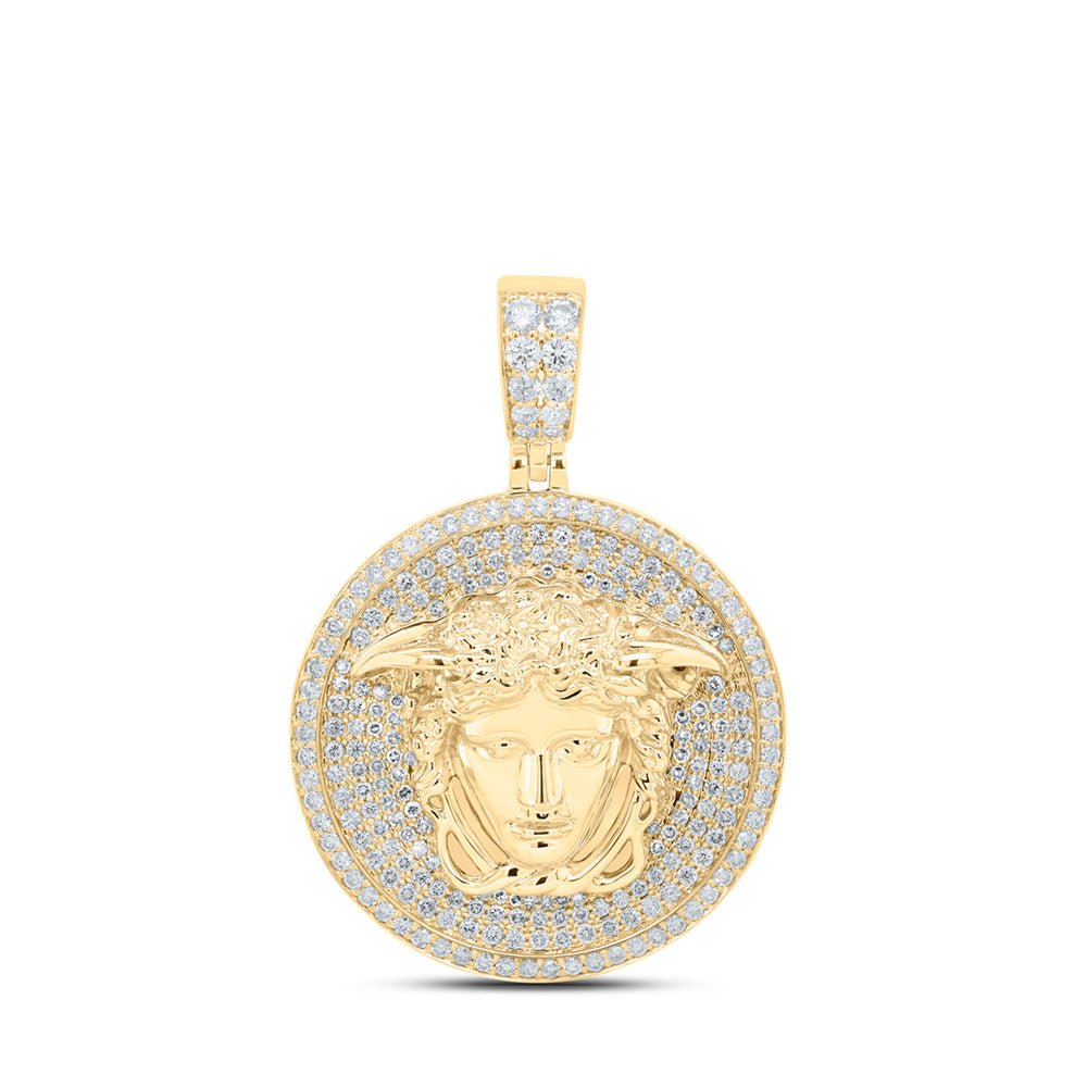 Men's Diamond Charm Pendant | 10kt Yellow Gold Mens Round Diamond Medusa Circle Charm Pendant 2-5/8 Cttw | Splendid Jewellery GND