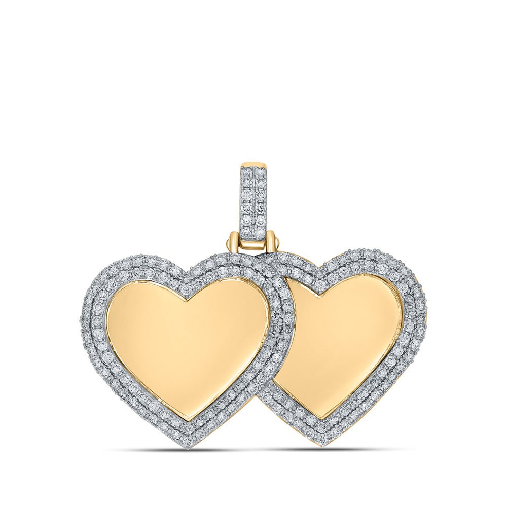 Men's Diamond Charm Pendant | 10kt Yellow Gold Mens Round Diamond Memory Double Heart Charm Pendant 1-3/4 Cttw | Splendid Jewellery GND