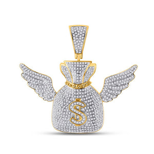 Men's Diamond Charm Pendant | 10kt Yellow Gold Mens Round Diamond Money Bag Wings Charm Pendant 1-1/2 Cttw | Splendid Jewellery GND