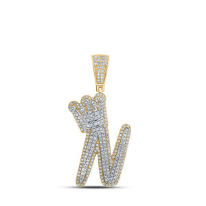 Men's Diamond Charm Pendant | 10kt Yellow Gold Mens Round Diamond N Crown Letter Charm Pendant 1-1/3 Cttw | Splendid Jewellery GND