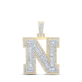 10kt Yellow Gold Men's Round Diamond N Initial Letter Charm Pendant - 1-3/8 Cttw product  Top View from Splendid Jewellery