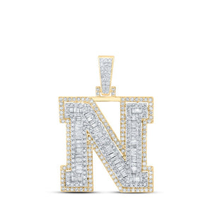 Men's Diamond Charm Pendant | 10kt Yellow Gold Mens Round Diamond N Initial Letter Charm Pendant 1-3/8 Cttw | Splendid Jewellery GND