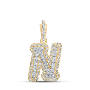 Men's Diamond Charm Pendant | 10kt Yellow Gold Mens Round Diamond N Initial Letter Charm Pendant 1/5 Cttw | Splendid Jewellery GND