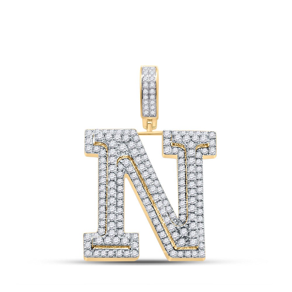 Men's Diamond Charm Pendant | 10kt Yellow Gold Mens Round Diamond N Initial Letter Charm Pendant 2-1/3 Cttw | Splendid Jewellery GND