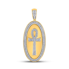 10kt Yellow Gold Men's Round Diamond Oval Ankh Cross Charm Pendant - 2 Cttw | Splendid Jewellery product  Top View from Splendid Jewellery