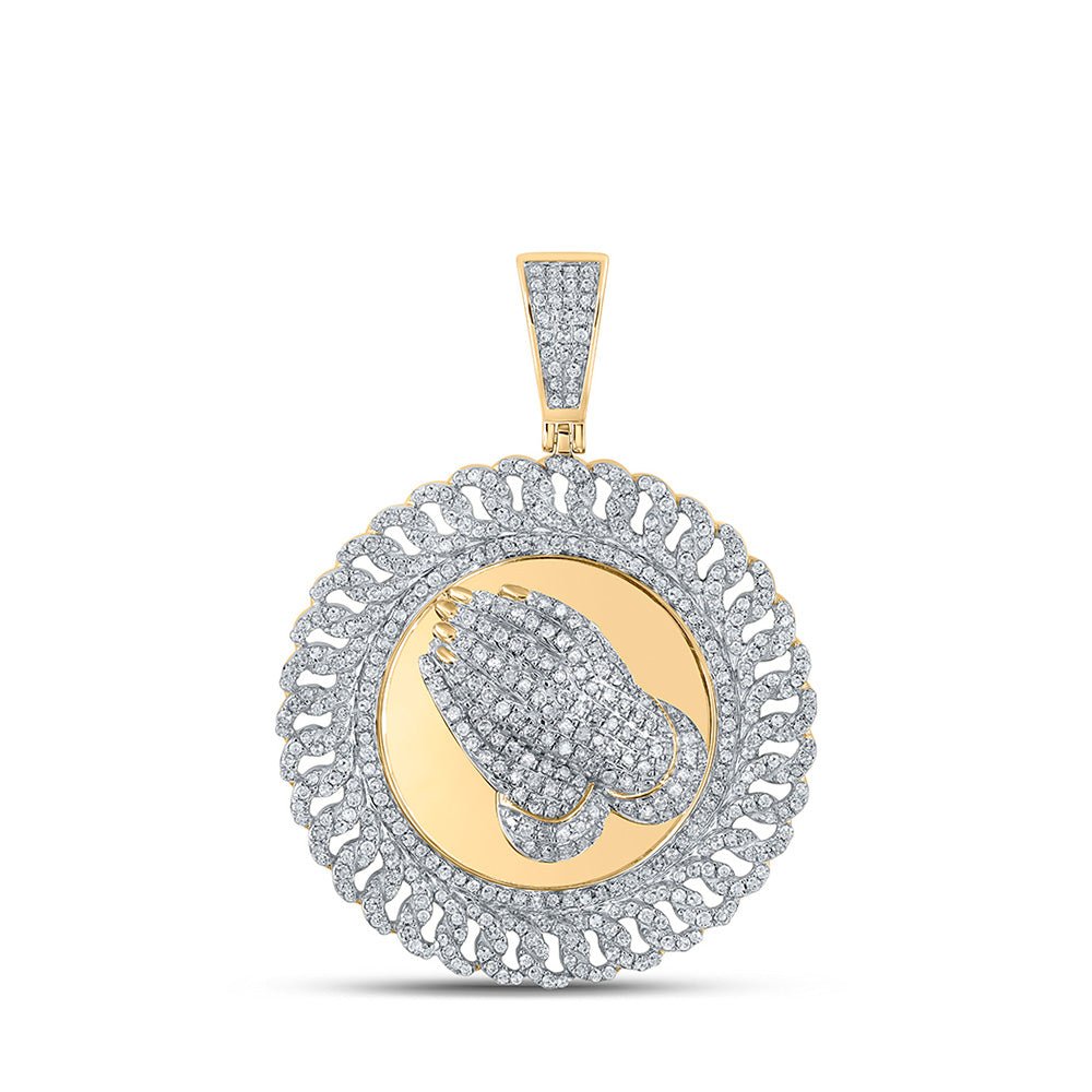 Men's Diamond Charm Pendant | 10kt Yellow Gold Mens Round Diamond Prayer Hands Circle Charm Pendant 1-1/3 Cttw | Splendid Jewellery GND