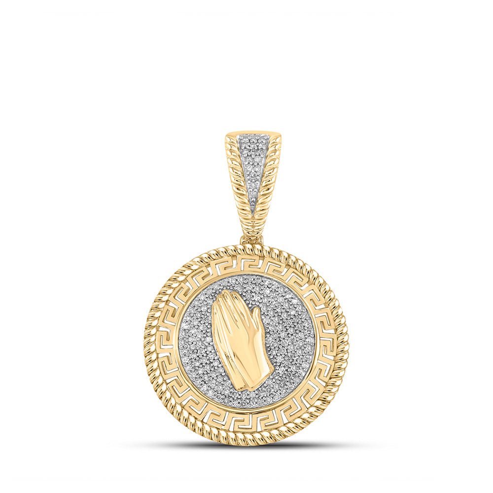 Men's Diamond Charm Pendant | 10kt Yellow Gold Mens Round Diamond Prayer Hands Medallion Charm Pendant 3/8 Cttw | Splendid Jewellery GND