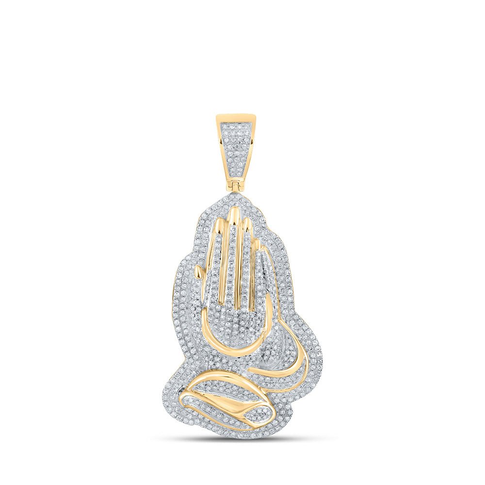 Men's Diamond Charm Pendant | 10kt Yellow Gold Mens Round Diamond Praying Hands Charm Pendant 1-1/3 Cttw | Splendid Jewellery GND