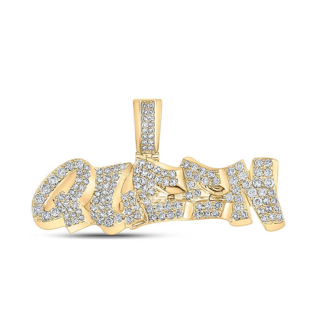 Men's Diamond Charm Pendant | 10kt Yellow Gold Mens Round Diamond Queen Graffiti Charm Pendant 1-1/5 Cttw | Splendid Jewellery GND