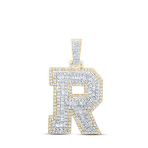 Men's Diamond Charm Pendant | 10kt Yellow Gold Mens Round Diamond R Initial Letter Charm Pendant 1-1/5 Cttw | Splendid Jewellery GND