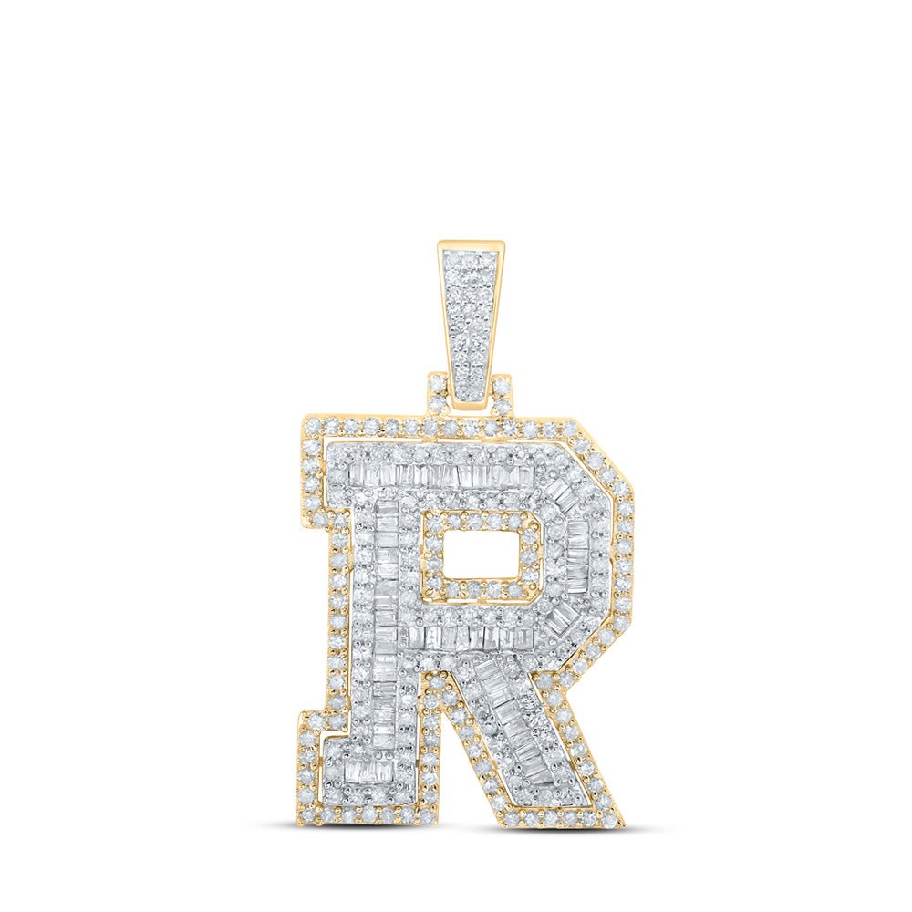 Men's Diamond Charm Pendant | 10kt Yellow Gold Mens Round Diamond R Initial Letter Charm Pendant 1-1/5 Cttw | Splendid Jewellery GND