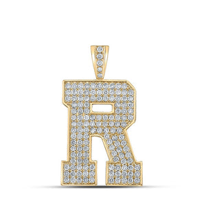 Men's Diamond Charm Pendant | 10kt Yellow Gold Mens Round Diamond R Initial Letter Charm Pendant 2-1/4 Cttw | Splendid Jewellery GND