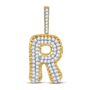 Men's Diamond Charm Pendant | 10kt Yellow Gold Mens Round Diamond R Letter Charm Pendant 1-3/8 Cttw | Splendid Jewellery GND