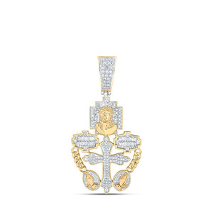 Men's Diamond Charm Pendant | 10kt Yellow Gold Mens Round Diamond Rosary Jesus Cross Charm Pendant 3/4 Cttw | Splendid Jewellery GND