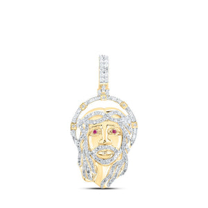 Men's Diamond Charm Pendant | 10kt Yellow Gold Mens Round Diamond Ruby Jesus Face Charm Pendant 1 Cttw | Splendid Jewellery GND