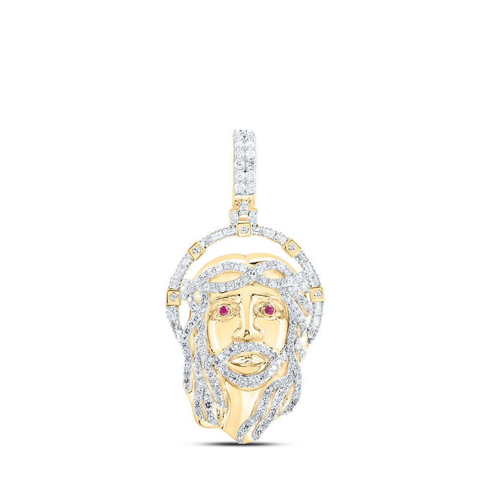 Men's Diamond Charm Pendant | 10kt Yellow Gold Mens Round Diamond Ruby Jesus Face Charm Pendant 1 Cttw | Splendid Jewellery GND