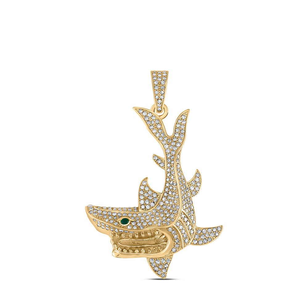 Men's Diamond Charm Pendant | 10kt Yellow Gold Mens Round Diamond Shark Animal Charm Pendant 1-1/2 Cttw | Splendid Jewellery GND