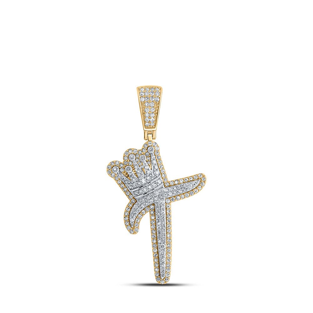 Men's Diamond Charm Pendant | 10kt Yellow Gold Mens Round Diamond T Crown Letter Charm Pendant 1 Cttw | Splendid Jewellery GND