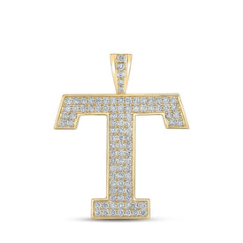 10kt Yellow Gold Men's Round Diamond T Initial Letter Charm Pendant - 1-1/2 Cttw product  Top View from Splendid Jewellery