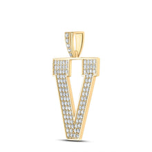Load image into Gallery viewer, 10kt Yellow Gold Men's Round Diamond V Initial Letter Charm Pendant - 1-3/4 Cttw product Side View from Splendid Jewellery