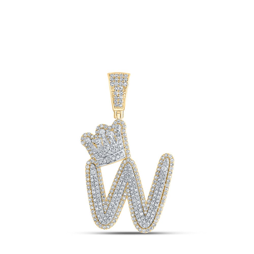 Men's Diamond Charm Pendant | 10kt Yellow Gold Mens Round Diamond W Crown Letter Charm Pendant 1-3/8 Cttw | Splendid Jewellery GND