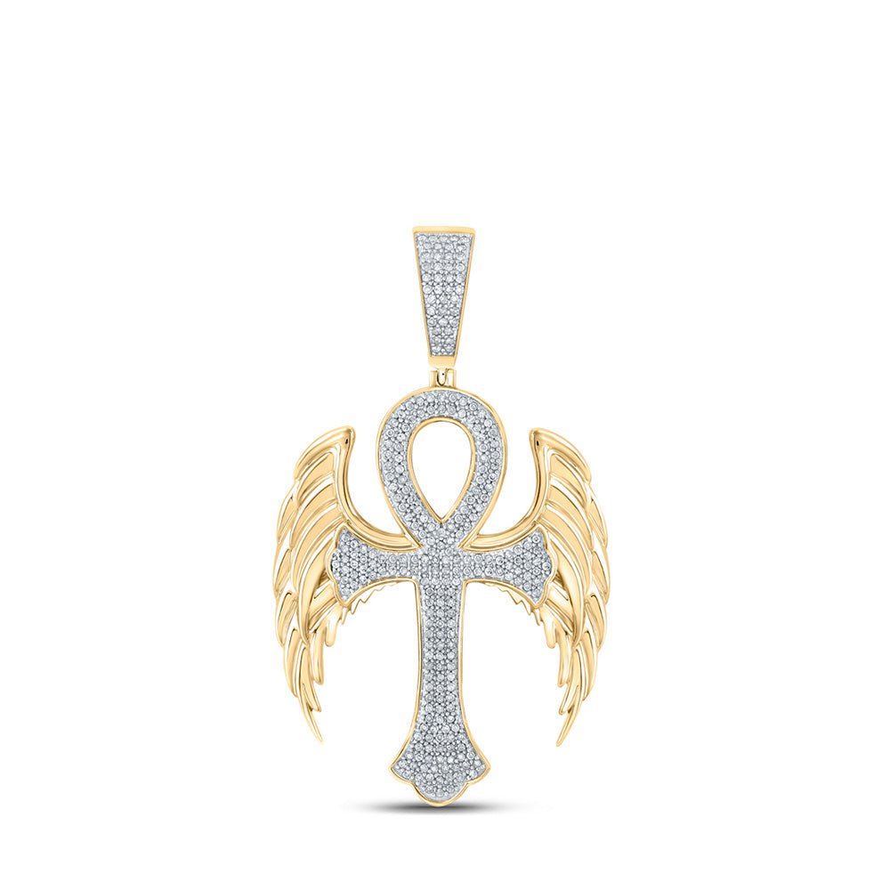 Men's Diamond Charm Pendant | 10kt Yellow Gold Mens Round Diamond Wing Ankh Cross Charm Pendant 5/8 Cttw | Splendid Jewellery GND