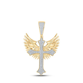 10kt Yellow Gold Men's Diamond Wing Cross Charm Pendant 3/8 Cttw - A Dazzling Symbol of Faith and Style product  Top View from Splendid Jewellery