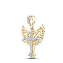 Load image into Gallery viewer, 10kt Yellow Gold Men&#39;s Diamond Wing Cross Charm Pendant 3/8 Cttw - A Dazzling Symbol of Faith and Style product Side View from Splendid Jewellery