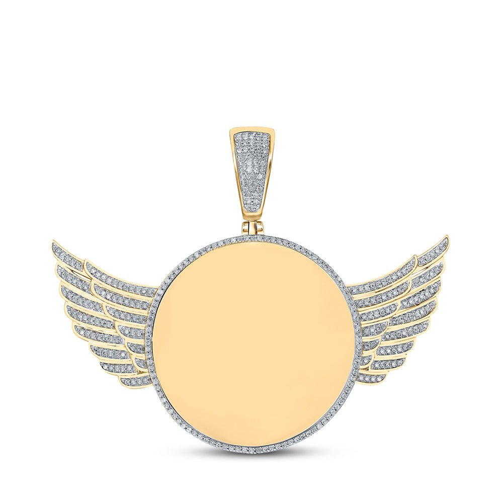 Men's Diamond Charm Pendant | 10kt Yellow Gold Mens Round Diamond Wing Memory Circle Charm Pendant 3/4 Cttw | Splendid Jewellery GND