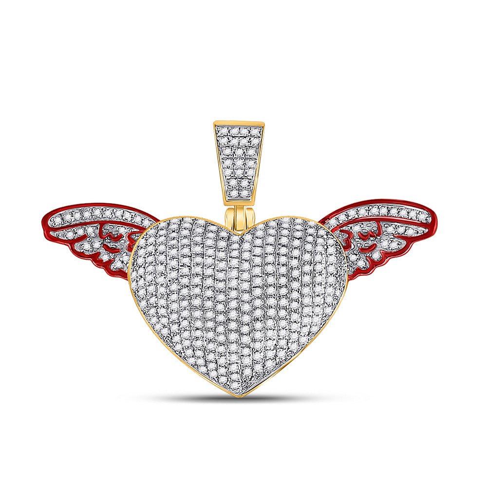 Men's Diamond Charm Pendant | 10kt Yellow Gold Mens Round Diamond Winged Heart Charm Pendant 1 Cttw | Splendid Jewellery GND