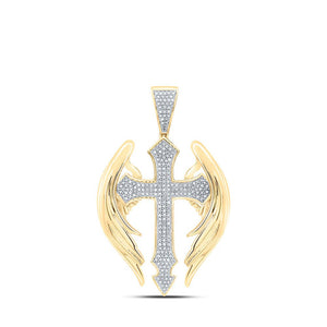 Men's Diamond Charm Pendant | 10kt Yellow Gold Mens Round Diamond Wings Cross Charm Pendant 1/2 Cttw | Splendid Jewellery GND