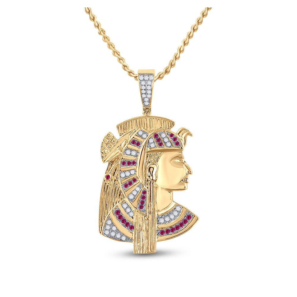 Men's Diamond Charm Pendant | 10kt Yellow Gold Mens Round Ruby Diamond Pharaoh Charm Pendant 1 Cttw | Splendid Jewellery GND