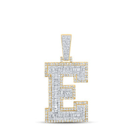 14kt Two-tone Gold Baguette Diamond E Initial Pendant for Men - Top View