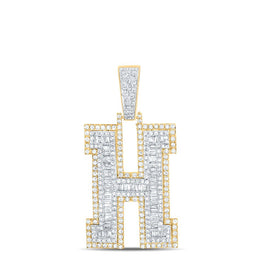 14kt Two-tone Gold Men's Baguette Diamond H Initial Letter Charm Pendant - 2 Cttw - Top View