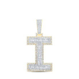 14kt Two-tone Gold Baguette Diamond I Initial Charm Pendant for Men - 1-3/4 Cttw - Top View