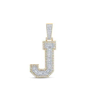 Men's Diamond Charm Pendant | 14kt Two-tone Gold Mens Baguette Diamond J Initial Letter Charm Pendant 1-3/8 Cttw | Splendid Jewellery GND