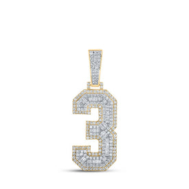 14kt Two-tone Gold Baguette Diamond Number 3 Charm Pendant for Men - 1-1/2 Cttw - Top View