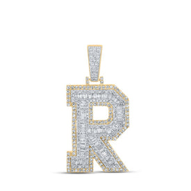 14kt Two-tone Gold Men's Baguette Diamond R Initial Letter Charm Pendant - 2 Cttw - Top View