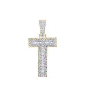 14kt Two-tone Gold Men's Baguette Diamond T Initial Letter Charm Pendant - 1-3/8 Cttw - Top View