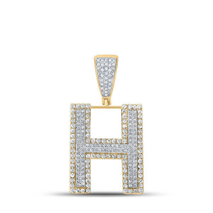 Men's Diamond Charm Pendant | 14kt Two-tone Gold Mens Round Diamond H Initial Letter Charm Pendant 7/8 Cttw | Splendid Jewellery GND