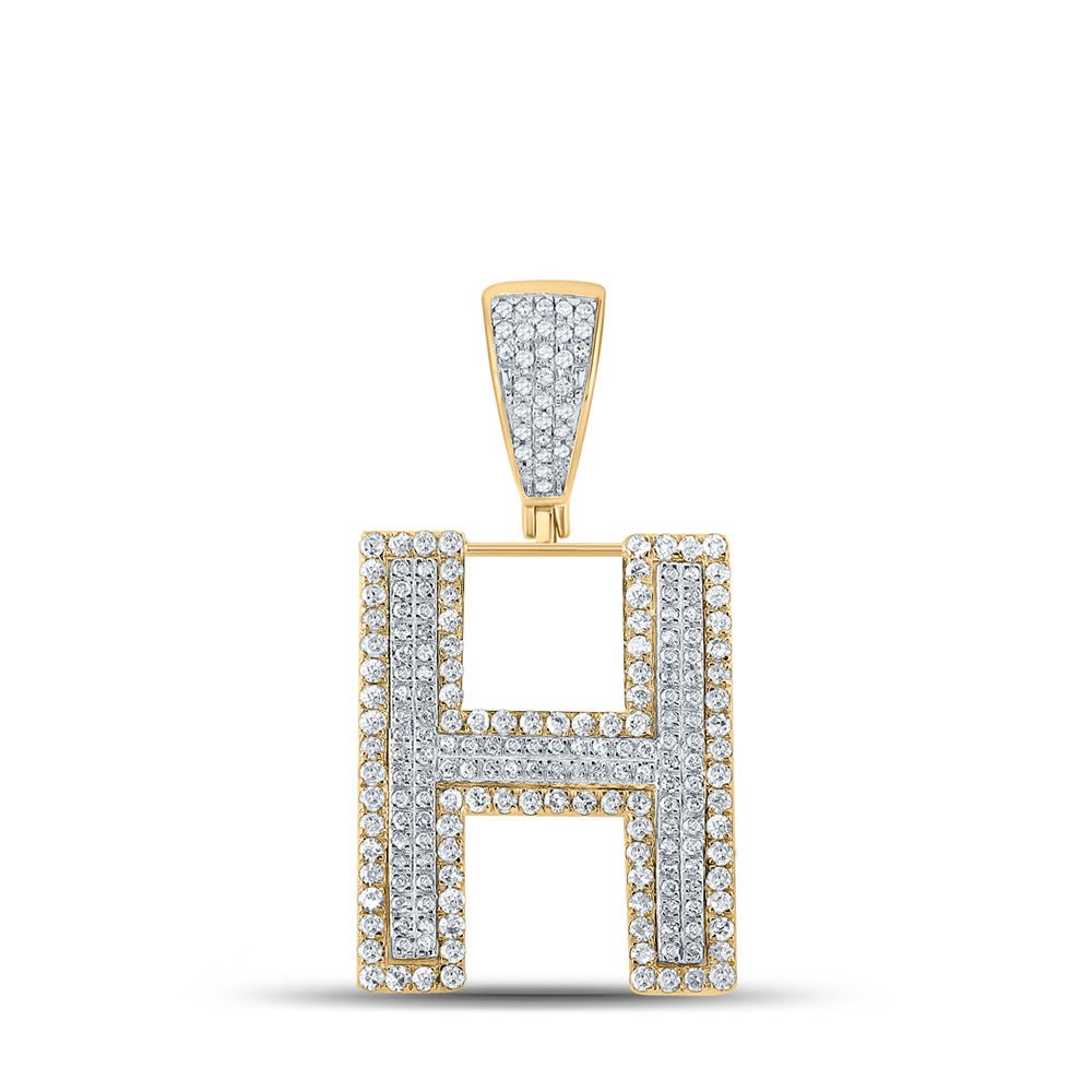 Men's Diamond Charm Pendant | 14kt Two-tone Gold Mens Round Diamond H Initial Letter Charm Pendant 7/8 Cttw | Splendid Jewellery GND