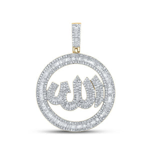 Men's Diamond Charm Pendant | 14kt Yellow Gold Mens Baguette Diamond Allah Circle Charm Pendant 2 Cttw | Splendid Jewellery GND