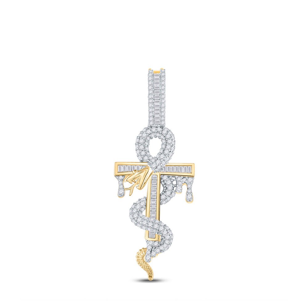 Men's Diamond Charm Pendant | 14kt Yellow Gold Mens Baguette Diamond Ankh Cross Snake Charm Pendant 1-1/5 Cttw | Splendid Jewellery GND