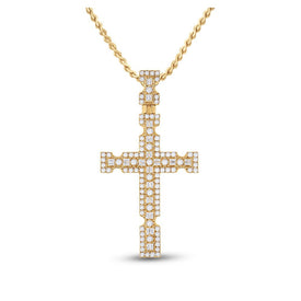 14kt Yellow Gold Baguette and Round Diamond Cross Pendant for Men - 1-3/8 Cttw - Top View